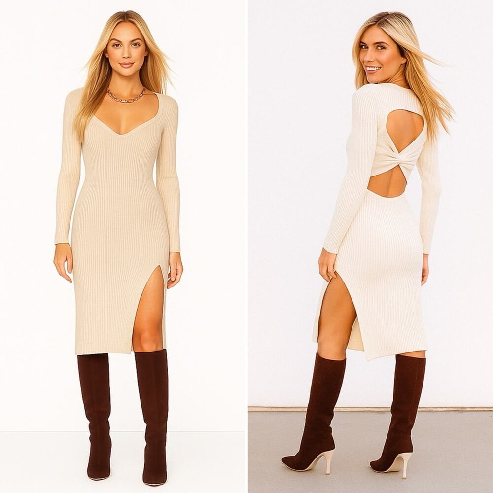 SKIN WORLDWIDE Mariana Dress Sable Ribbed Knit Long Sleeve Stretch Medium NEW